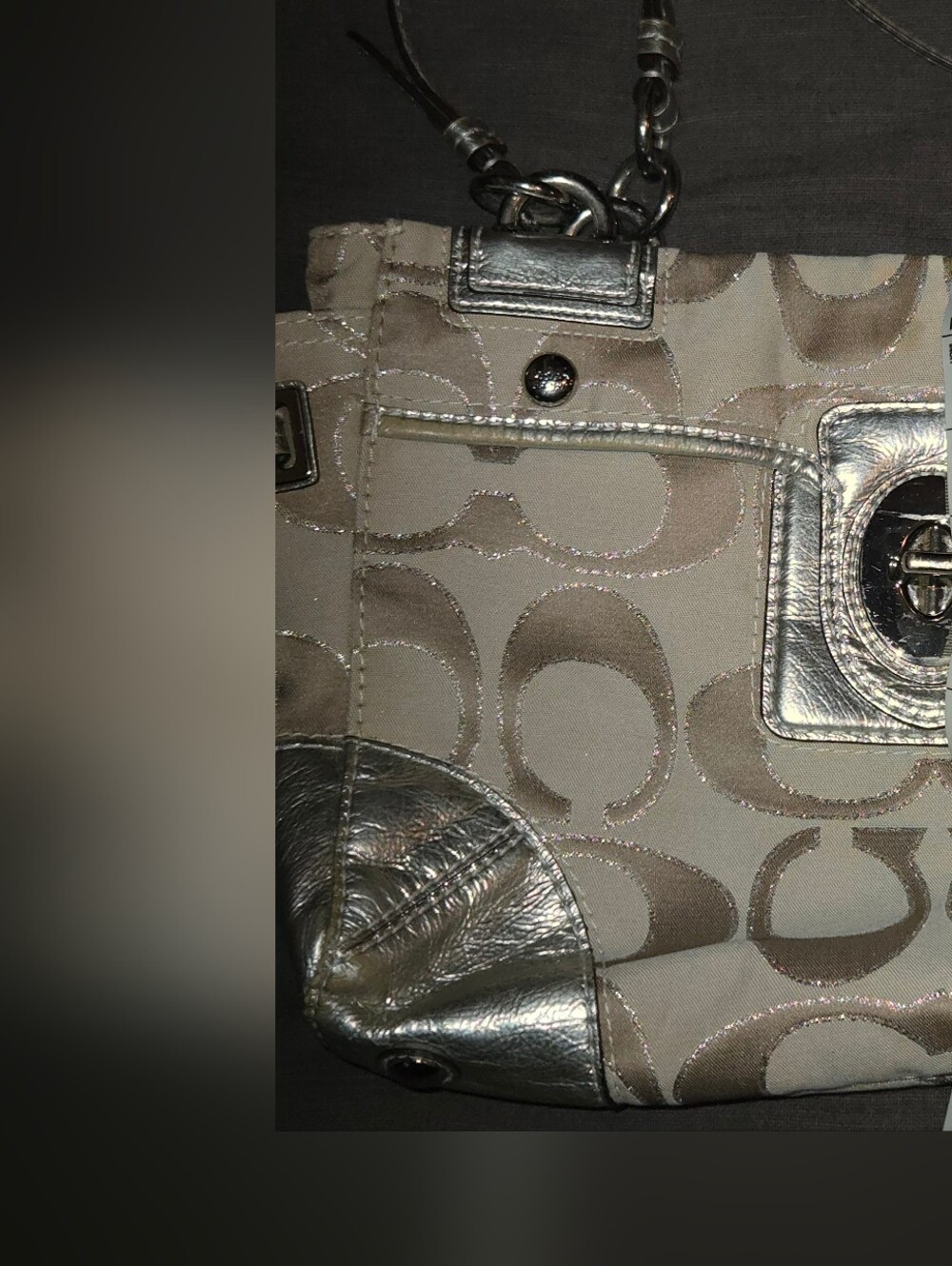 Coach Signature Canvas Tote Bag Beige & Silver Metallic Shoulder Purse - Picture 9 of 10